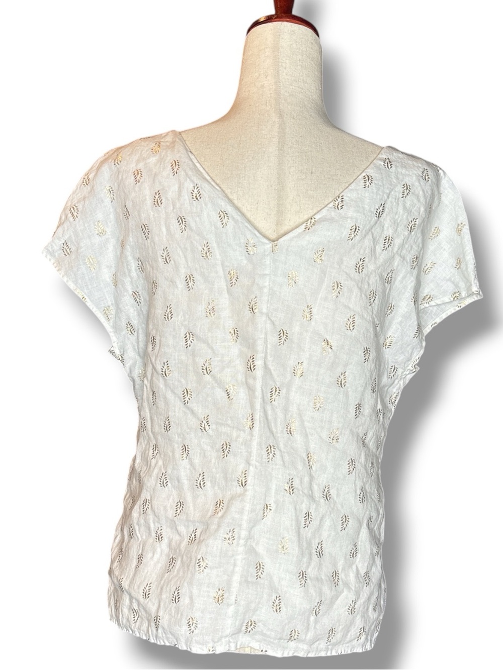 Boden White Linen Gold Palm Leaf Print V-Neck Cap Sleeve Top Size 8 - Picture 3 of 8
